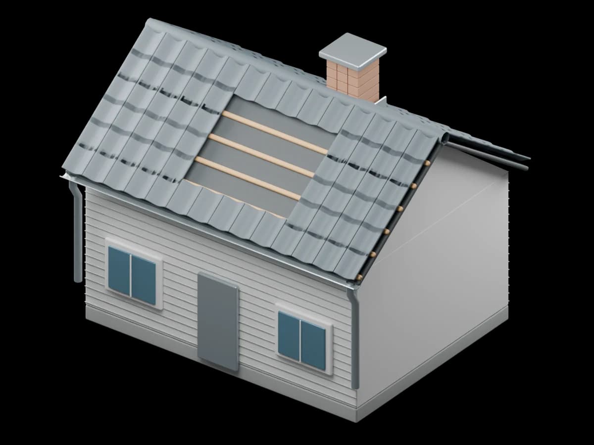 3D-rendering av en enebolig med et stort åpnet felt i taket som viser lekter og undertak.
