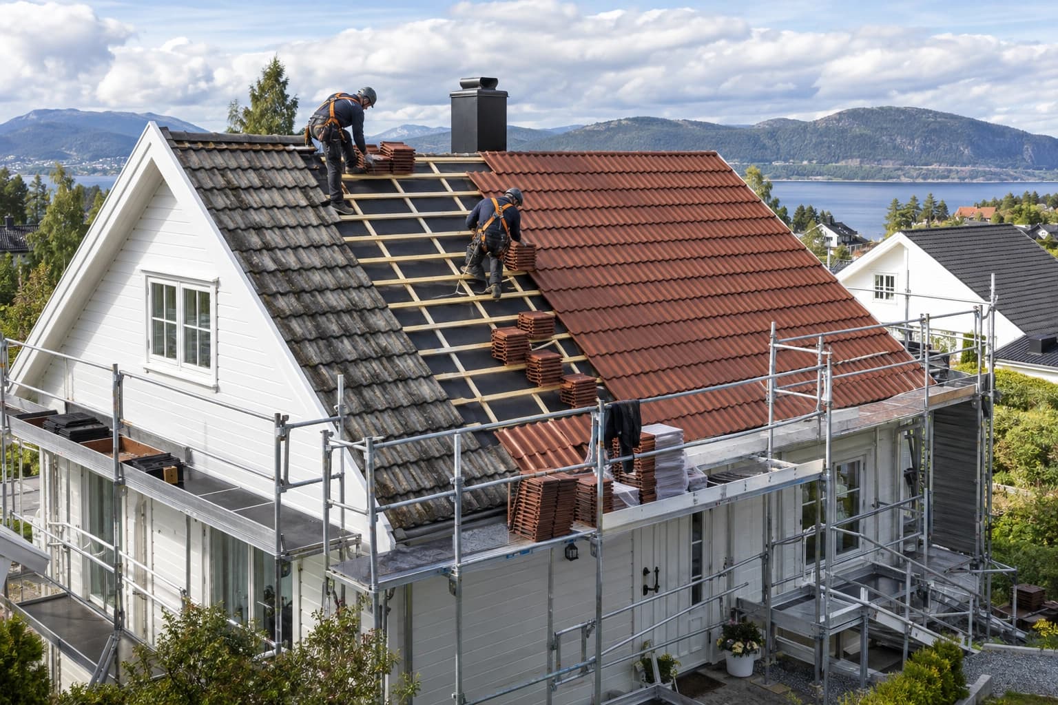 Illustrasjon: Takbytte på en enebolig med stillas, gammel tekking, nytt undertak og nye takstein.