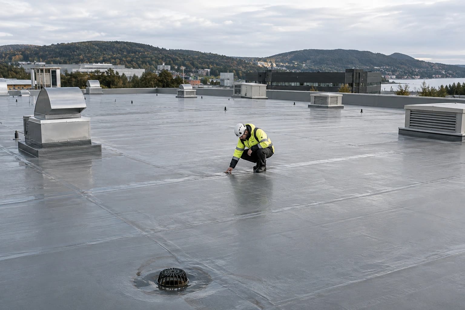 Illustrasjon: Kontroll av membranskjøter på et stort flatt næringstak med ventilasjon og sluk.