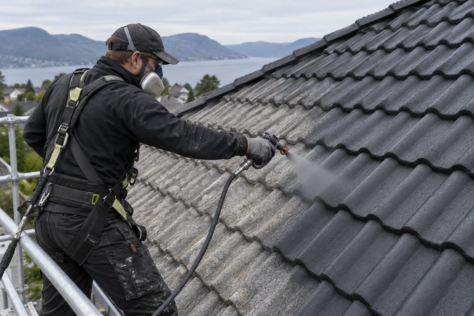 Illustrasjon: Takfornying: taktekker sprøytemaler rengjorte, intakte betongtakstein mørkegrå.