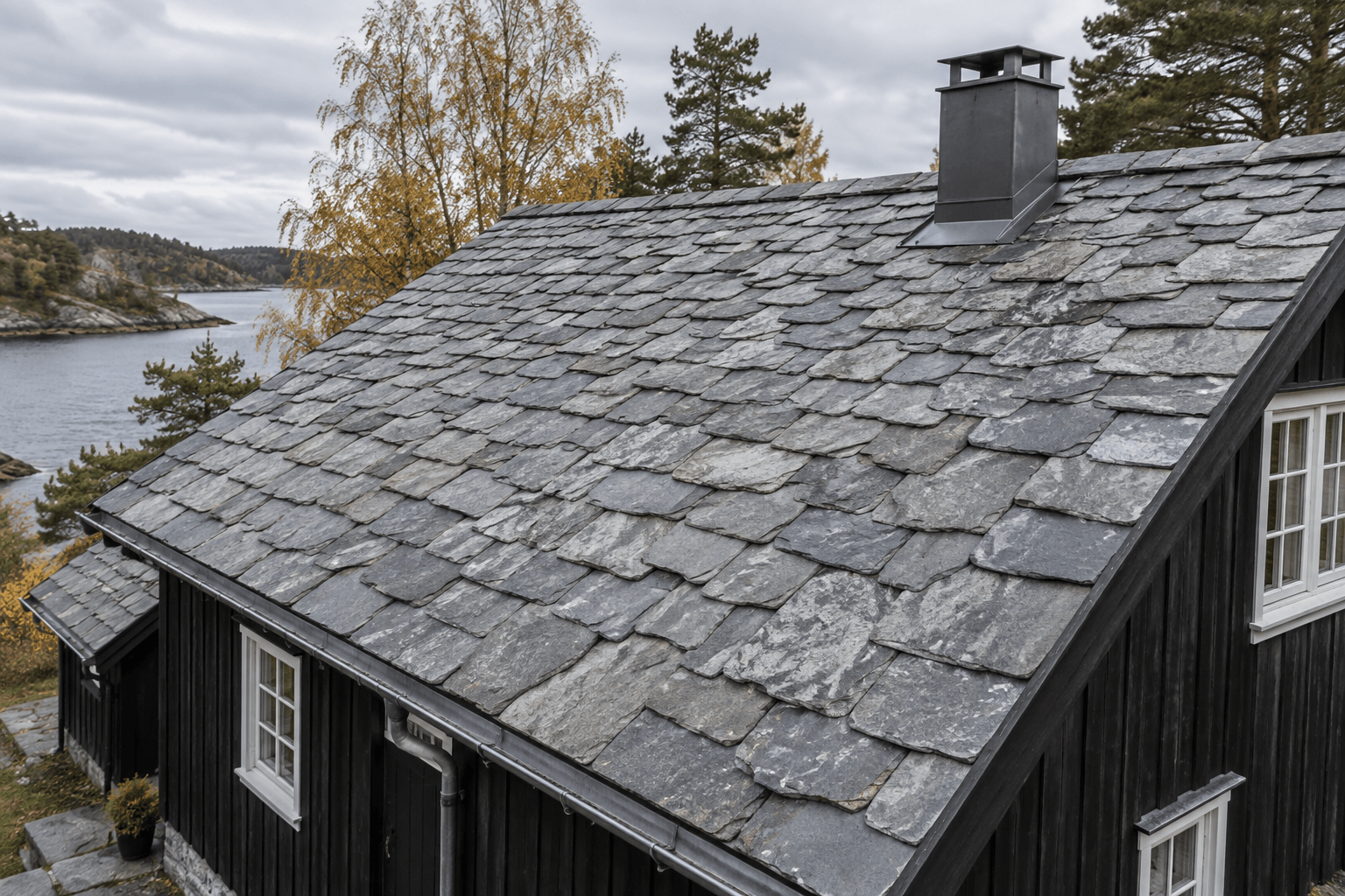 Illustrasjon av en trehytte med skifertak og pipebeslag
