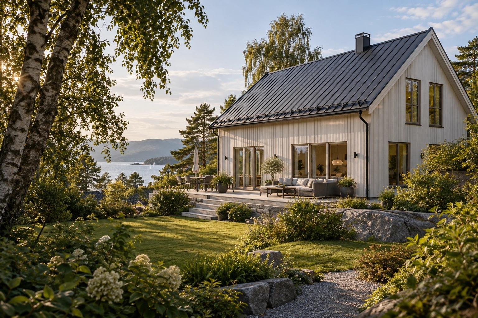 Illustrasjon av en lys enebolig med mørkt metalltak og hage ved fjorden