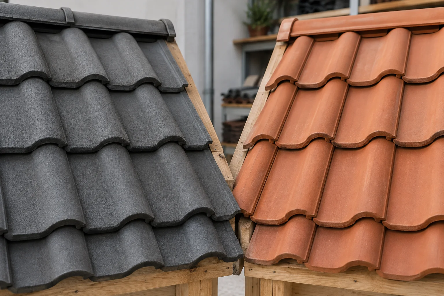 Prøver av betongtakstein og tegl ved siden av hverandre