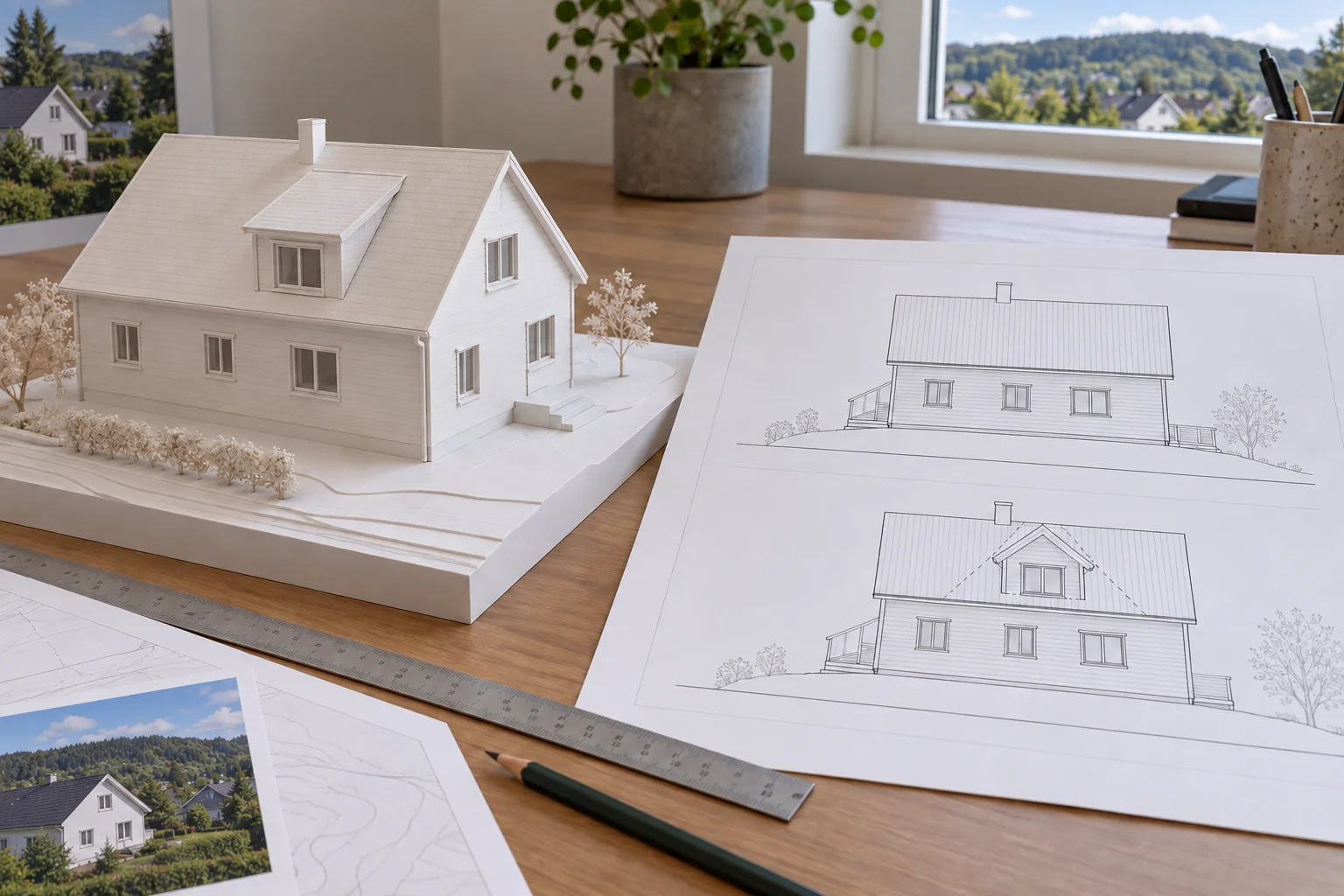 Takmodell og tegninger av endret takform