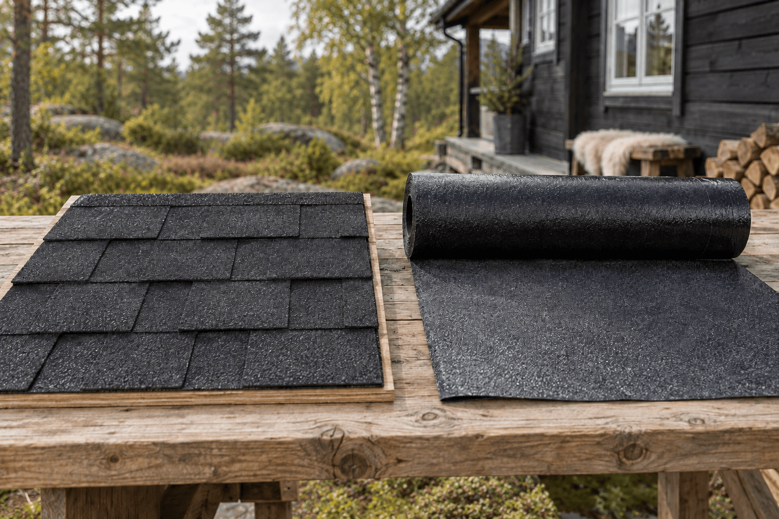 Illustrasjon av shingel og takbelegg som materialprøver på en arbeidsbenk