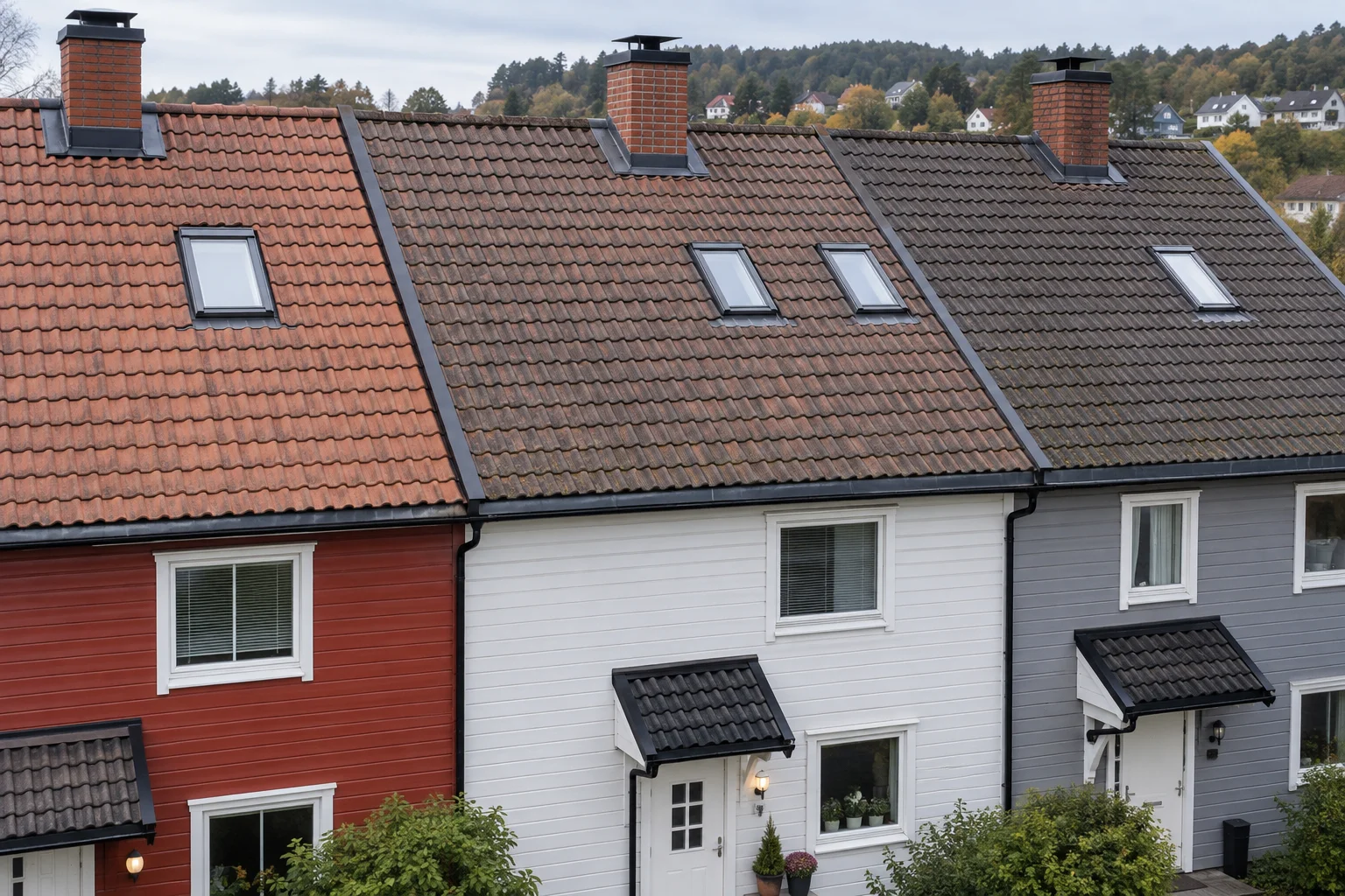 Sammenhengende takflater på en rekke med boliger