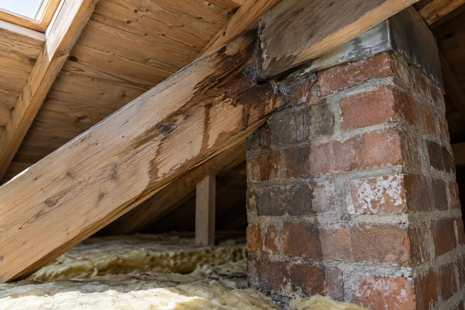 Fuktspor på undertak og sperre ved en pipe