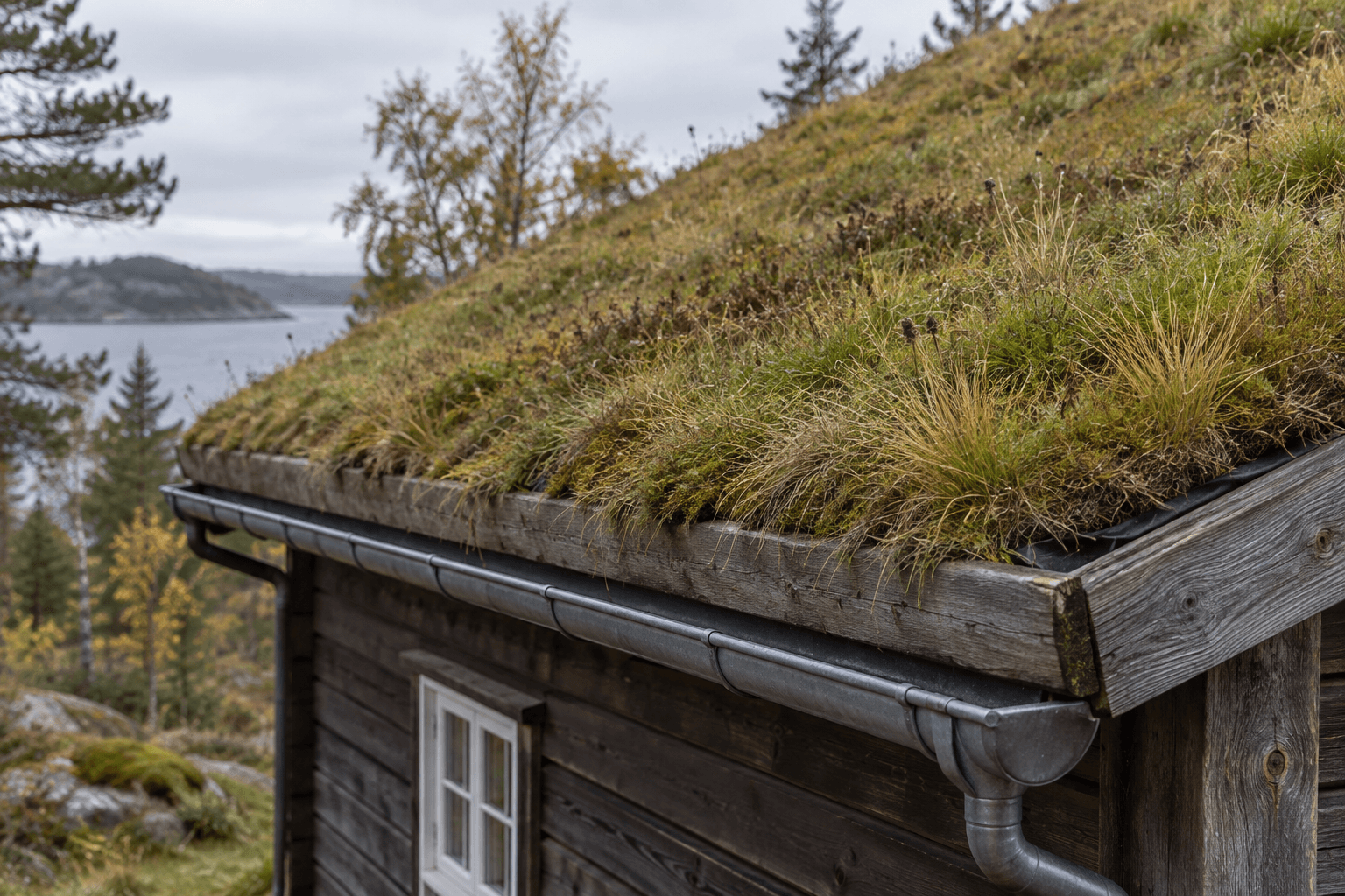 Illustrasjon av et torvtak med vegetasjon, torvstokk og takrenne