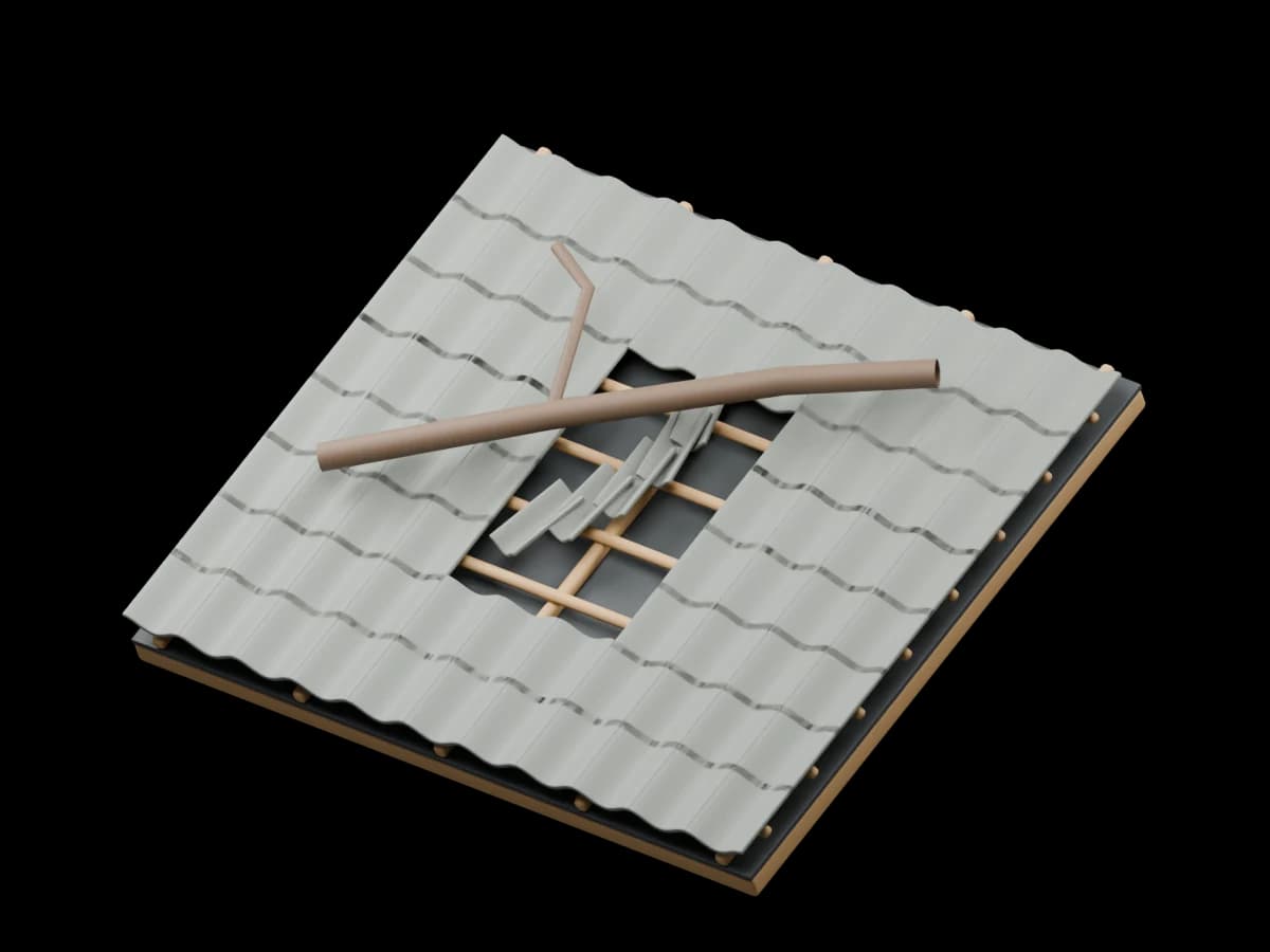 3D-rendering av et skadet takparti med forskjøvede takstein og en falt gren.