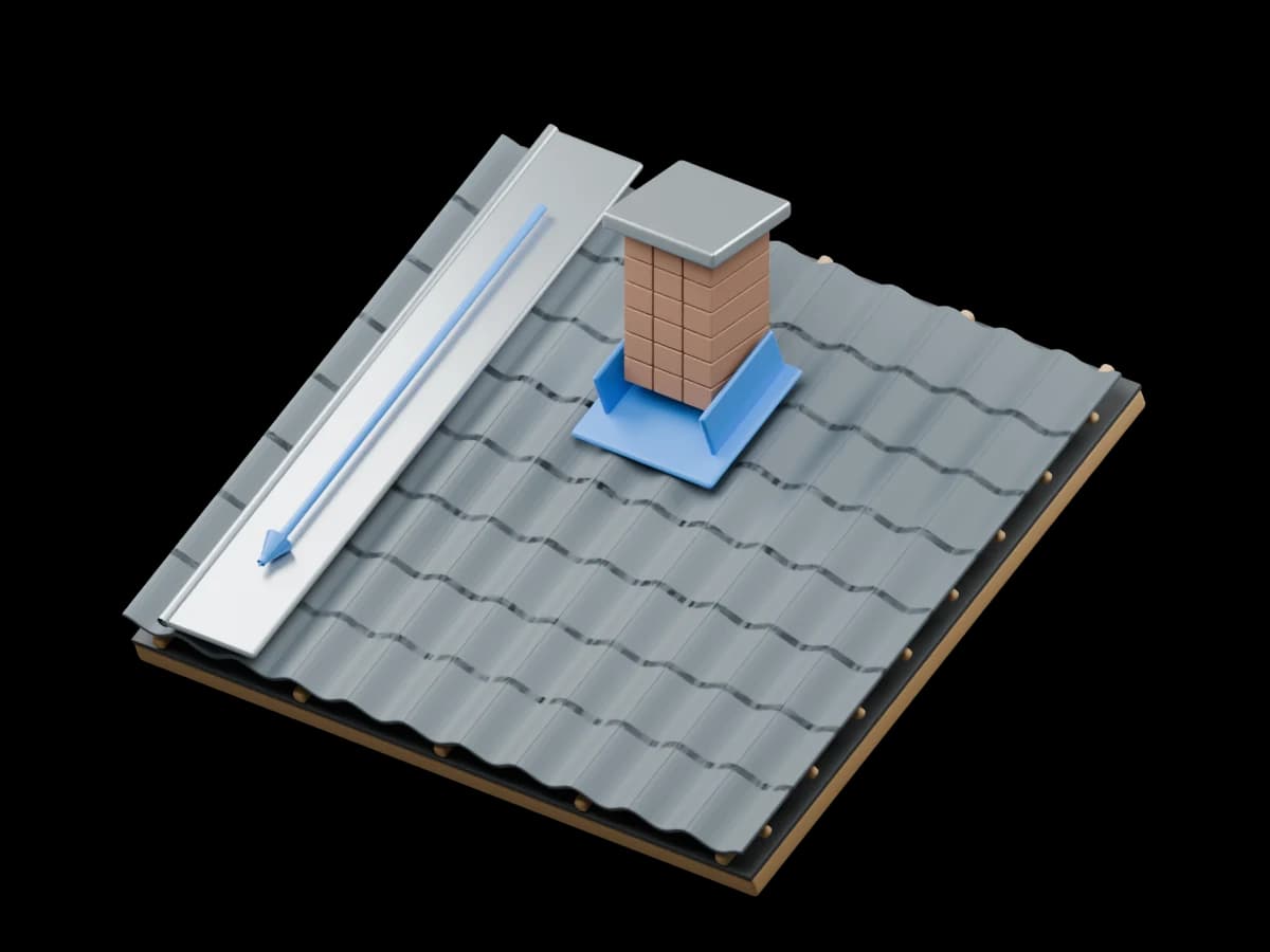 3D-rendering av en takdetalj med brettet metallrenne, pipebeslag og pil for avrenning.