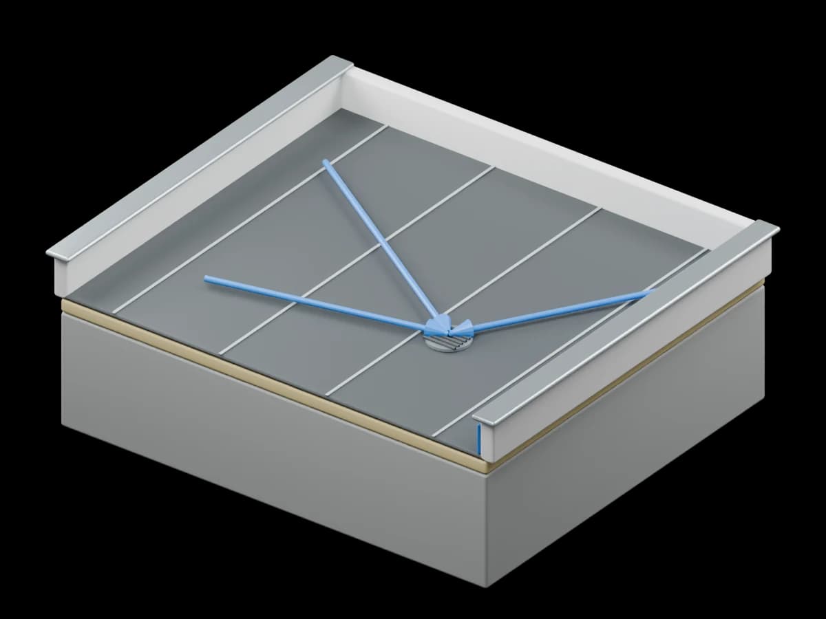 3D-rendering av membrantekket flatt tak med sluk, oppkant og piler for avrenning.