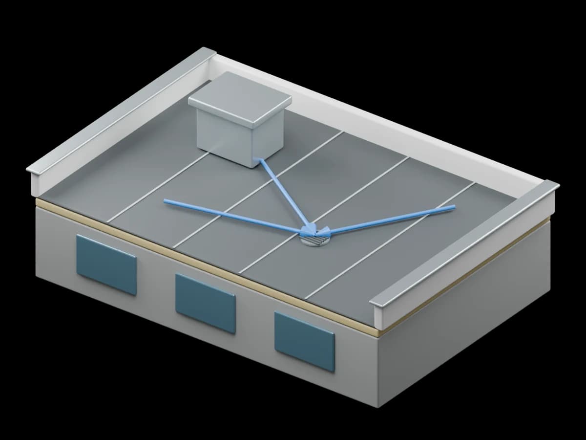 3D-rendering av et næringsbygg med membrantak, sluk og en ventilasjonsgjennomføring.