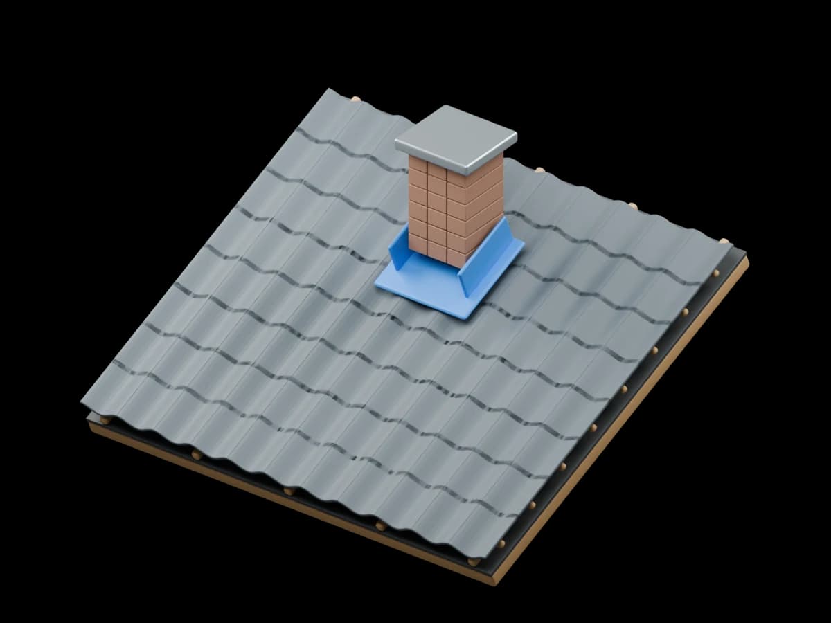 3D-detalj av en teglpipe med blå markering av beslaget ved overgangen til skråtaket.