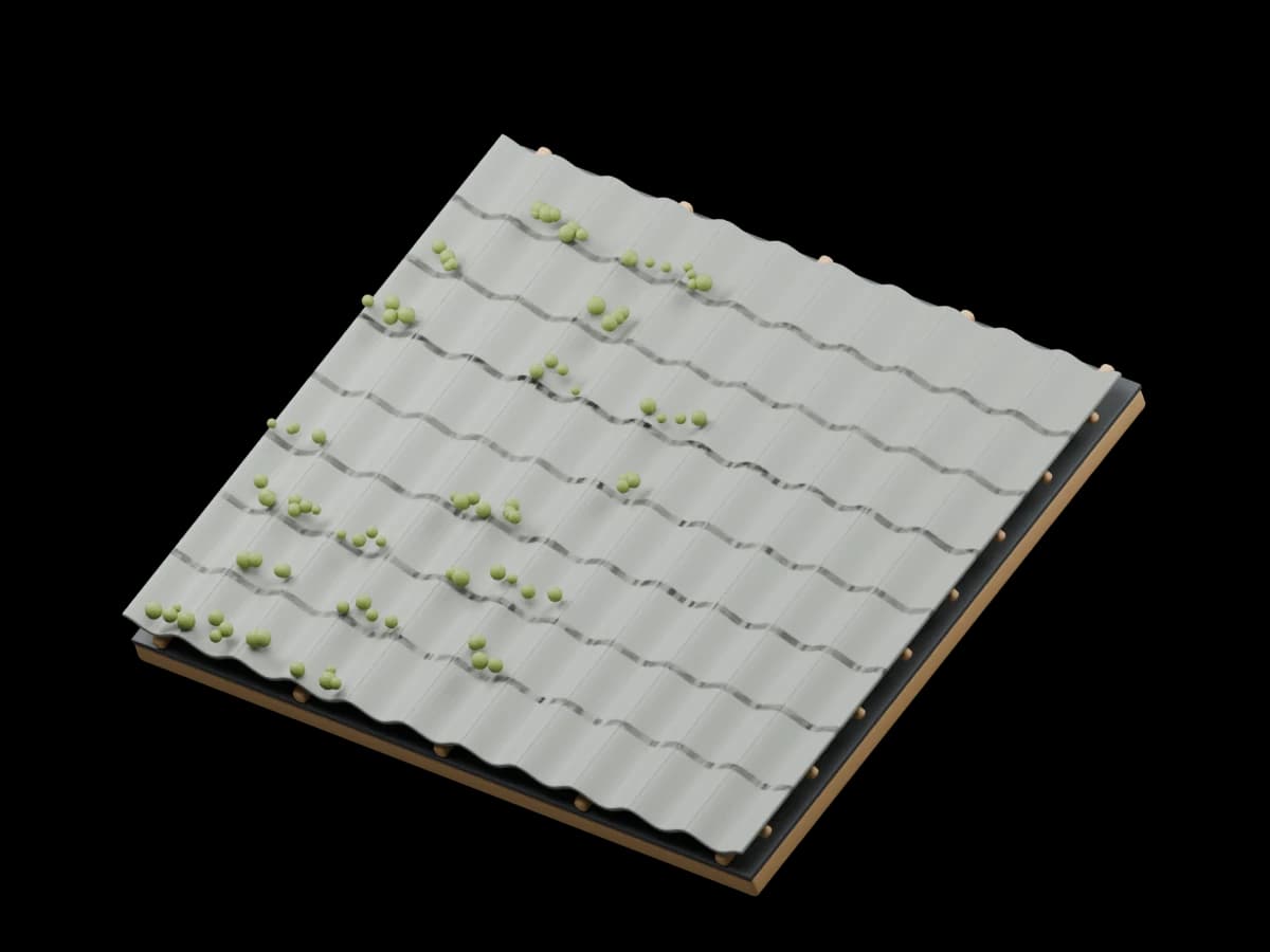 3D-rendering av mose langs taksteinenes overlapp, med ren takstein på høyre side.