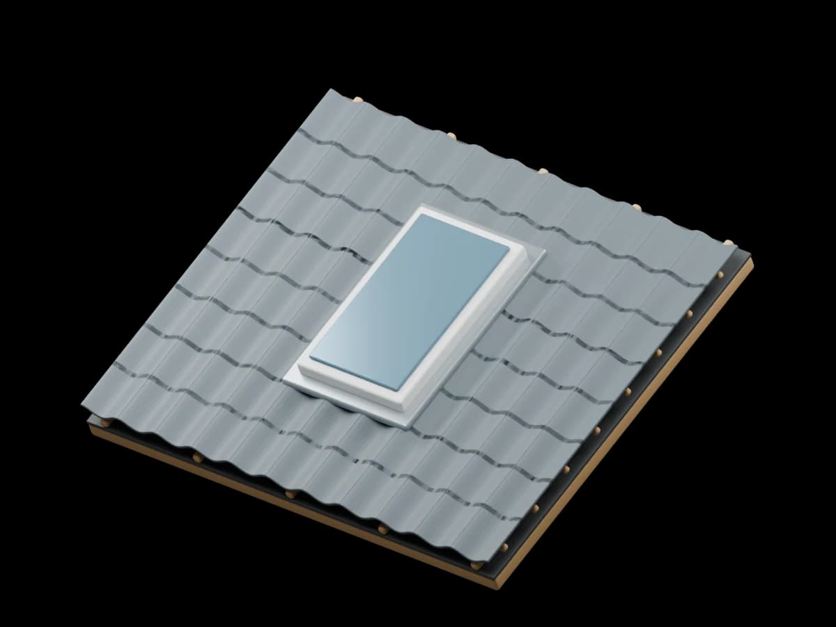 3D-rendering av et takvindu med karm, glass og beslag i et utsnitt av taksteinstak.
