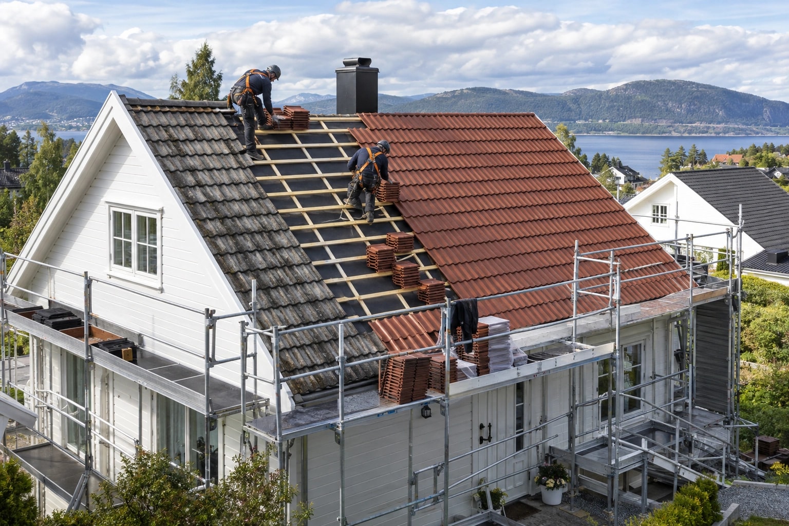 Illustrasjon: Takbytte på en enebolig med stillas, gammel tekking, nytt undertak og nye takstein.