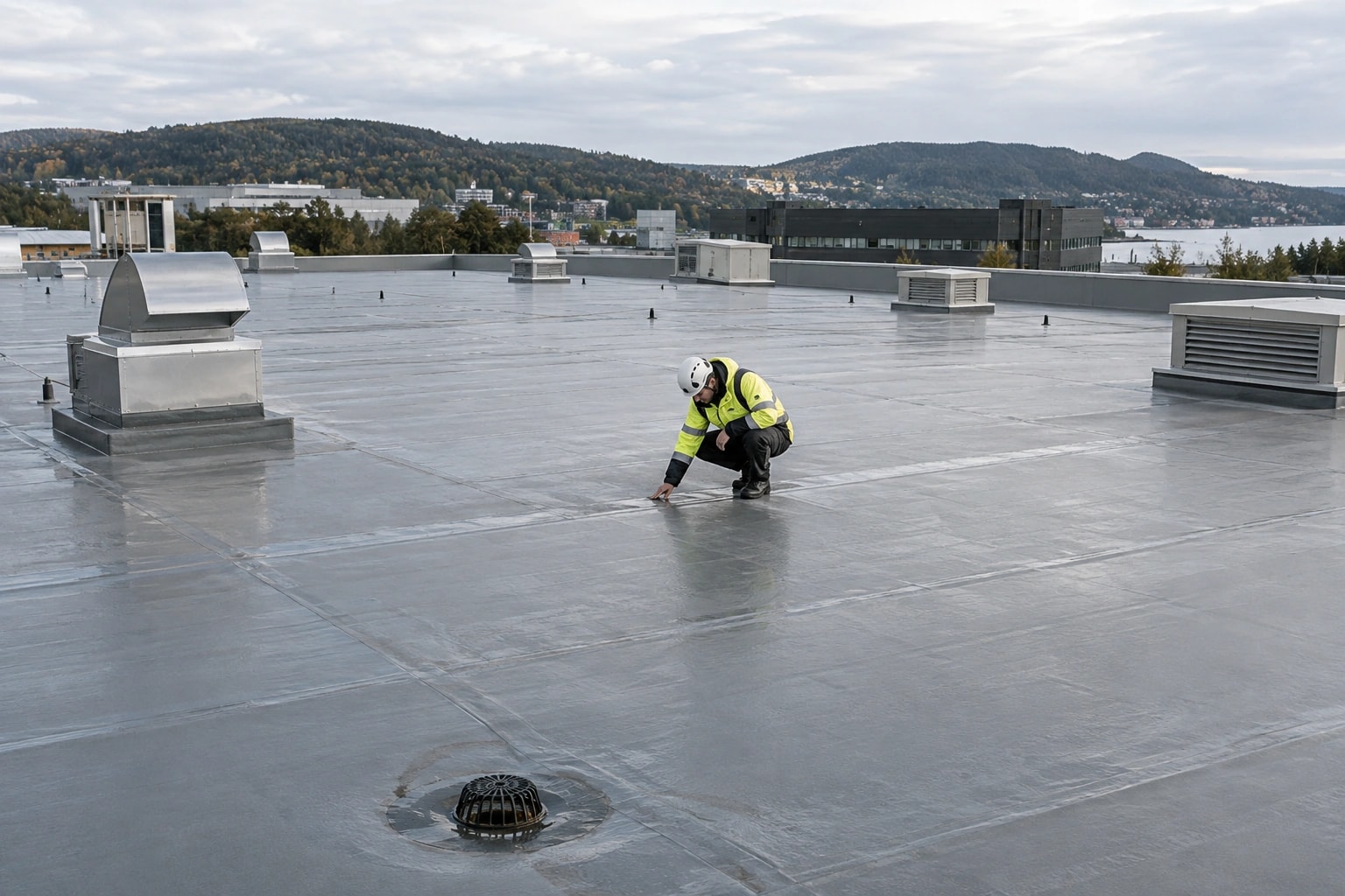 Illustrasjon: Kontroll av membranskjøter på et stort flatt næringstak med ventilasjon og sluk.