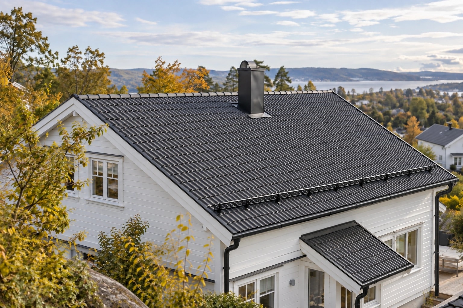 Illustrasjon: Ferdig tekket saltak med mørke takstein, beslag, renner og snøfangere på en enebolig.