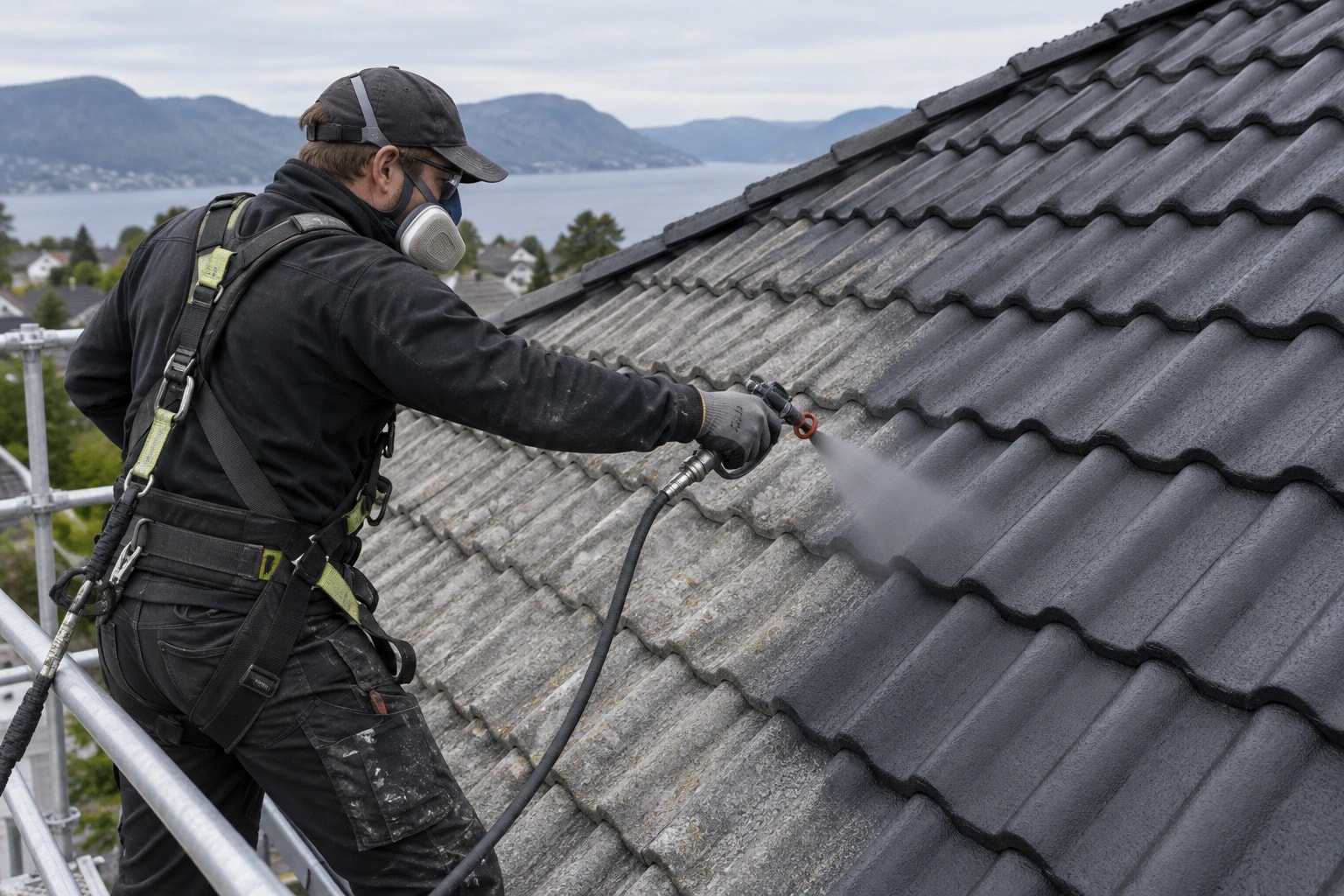 Illustrasjon: Takfornying: taktekker sprøytemaler rengjorte, intakte betongtakstein mørkegrå.