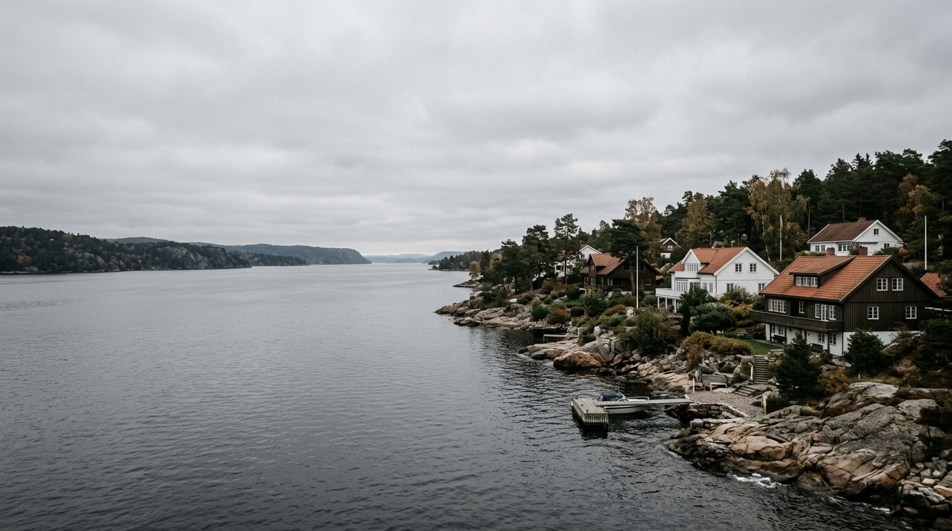 Illustrasjon av bebyggelse ved fjorden