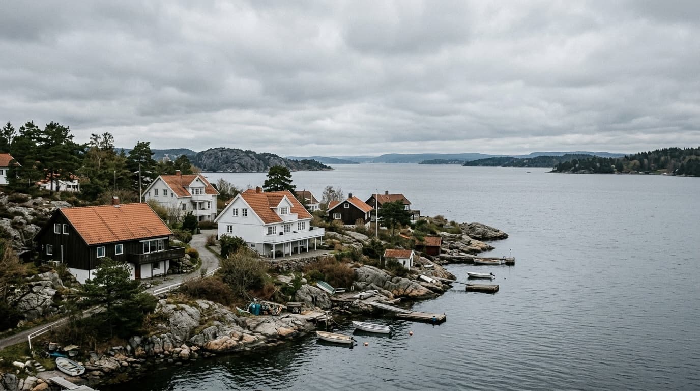 Illustrasjon av boliger langs fjorden